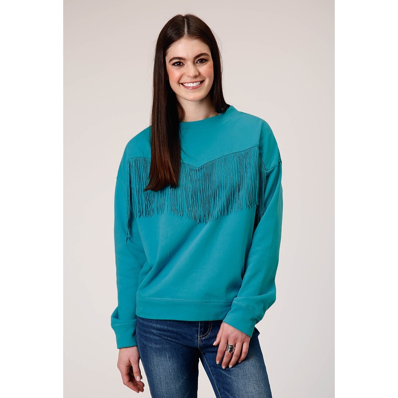 Womens Long Sleeve Cotton Fleece Crew Neck Top With Matching Poly Fringe Center Front XS