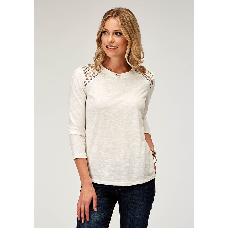 Womens Long Sleeve Cotton Slub Jersey Top With Scoop Neck Three Quarter Sleeves And Front Yokes Embroidery XS