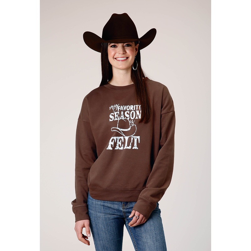 Womens Long Sleeve Dark Brown Cotton Fleece Top With Crew Neck Screen Print Decoration XS