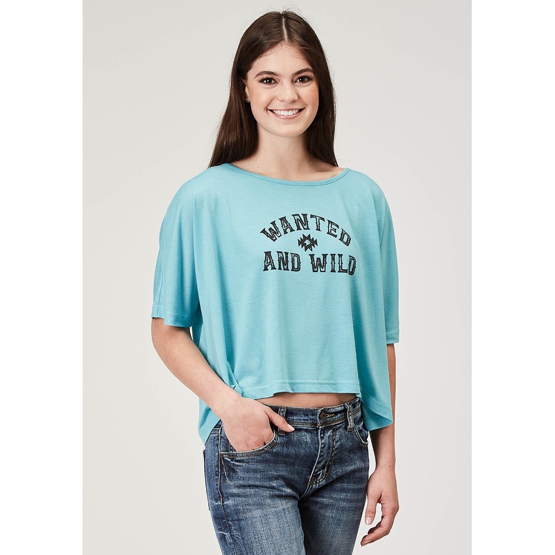 Womens Short Sleeve Light Blue Poly Rayon Crop Swing Tee With Oversized Fit Dolman Sleeve Screen Print XS