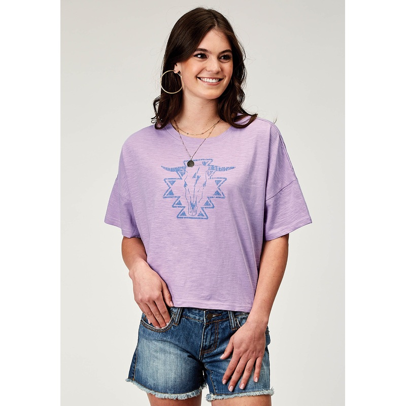 Womens Short Sleeve Lilac Cotton Jersey Slub Tee With Oversized Cropped Screen Print Decoration XS