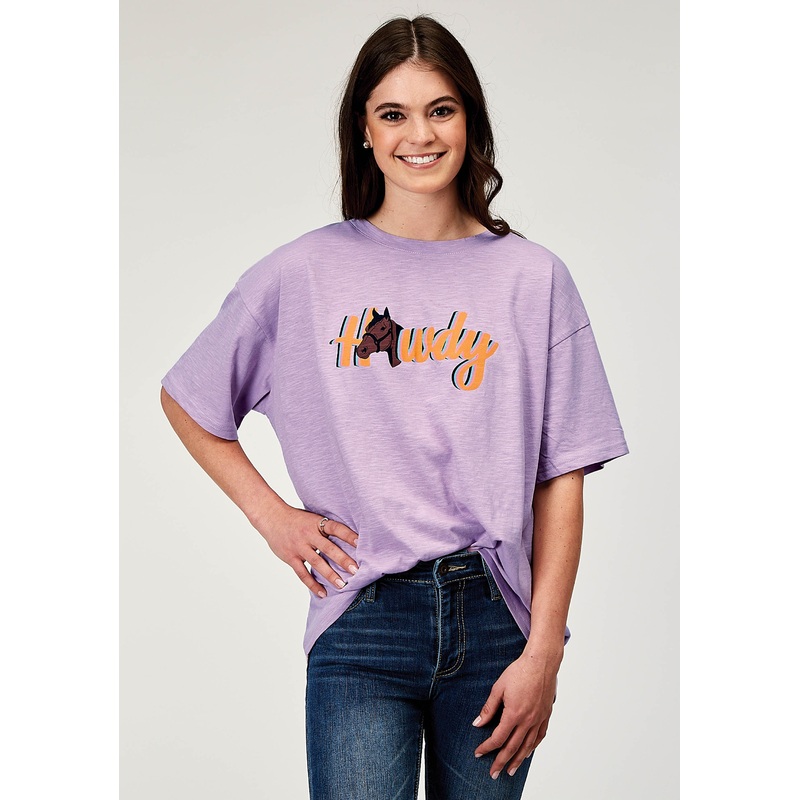 Womens Short Sleeve Lilac Cotton Jersey Slub Tee With Oversized Screen Print Decoration XS