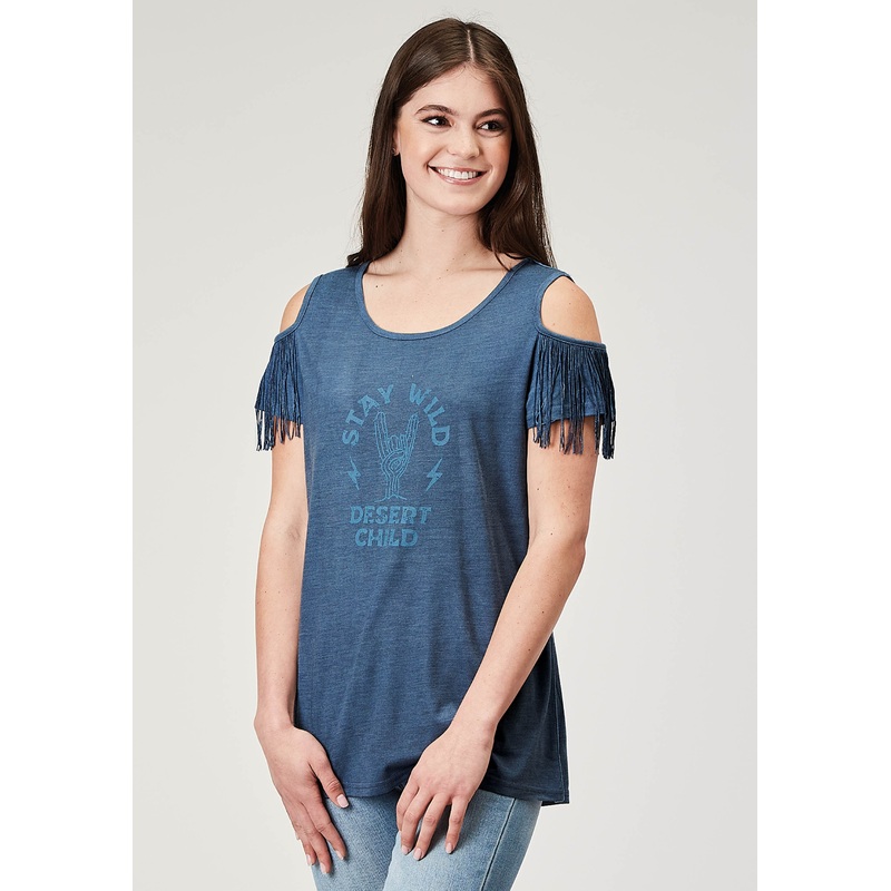 Womens Short Sleeve Navy Blue Poly Rayon Tee With Cold Shoulder And Poly Fringe Screen Print XS