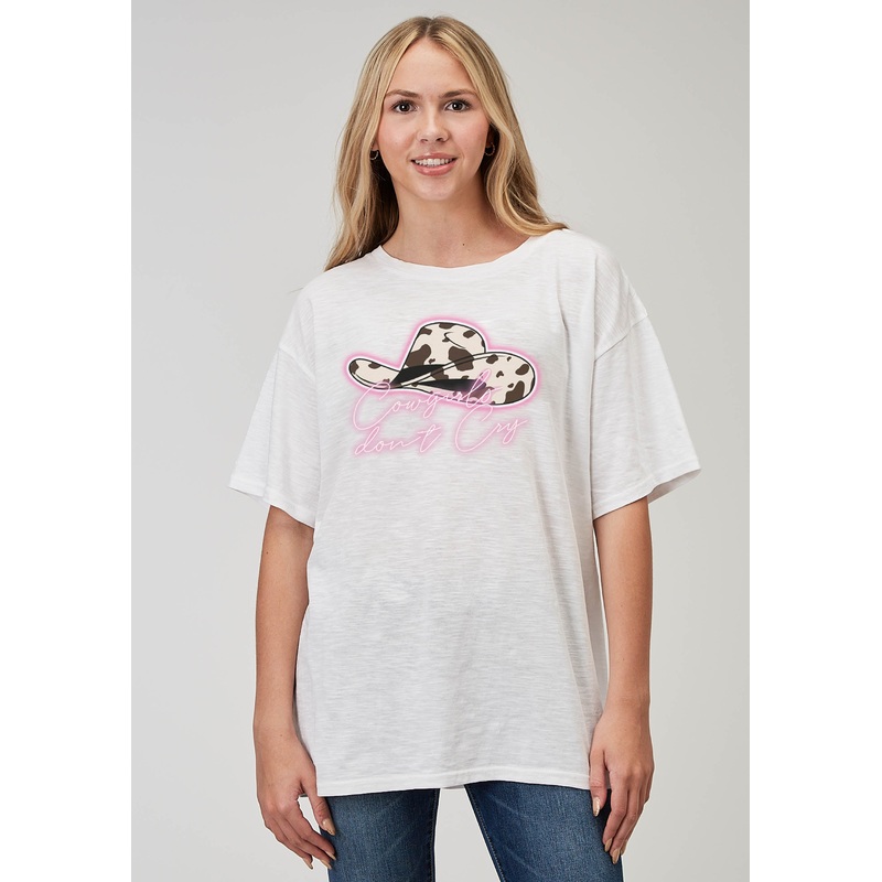 Womens Short Sleeve White Cotton Slub Jersey Tee With Oversized Screen Print Decoration XS