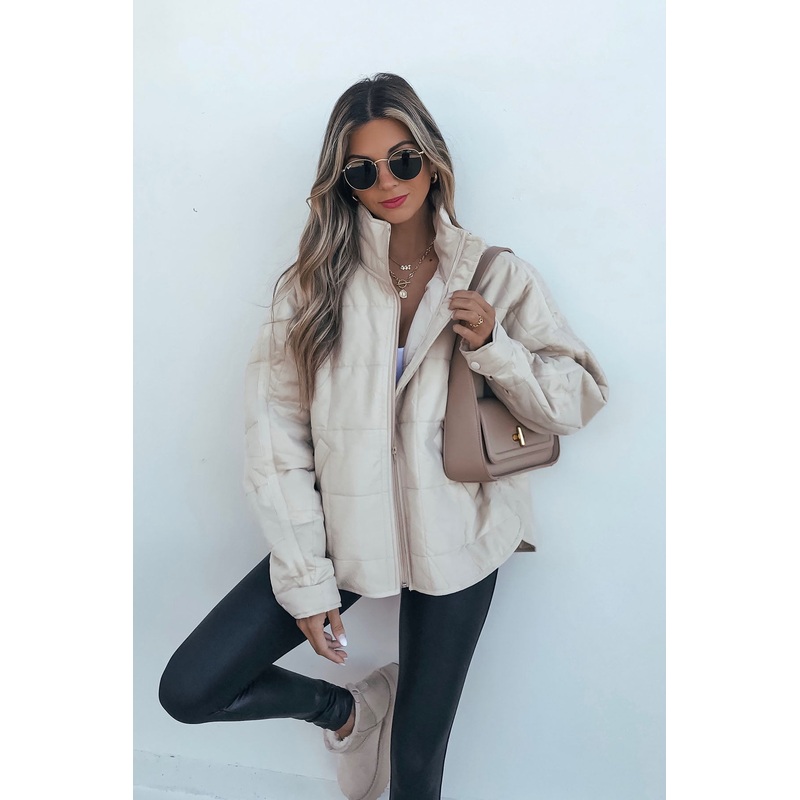 Beige Quilted Zip Up Puffer Jacket Small