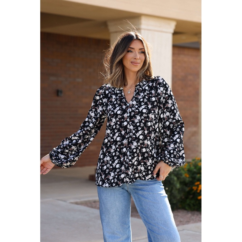 Black Floral Button Down Blouse Small
