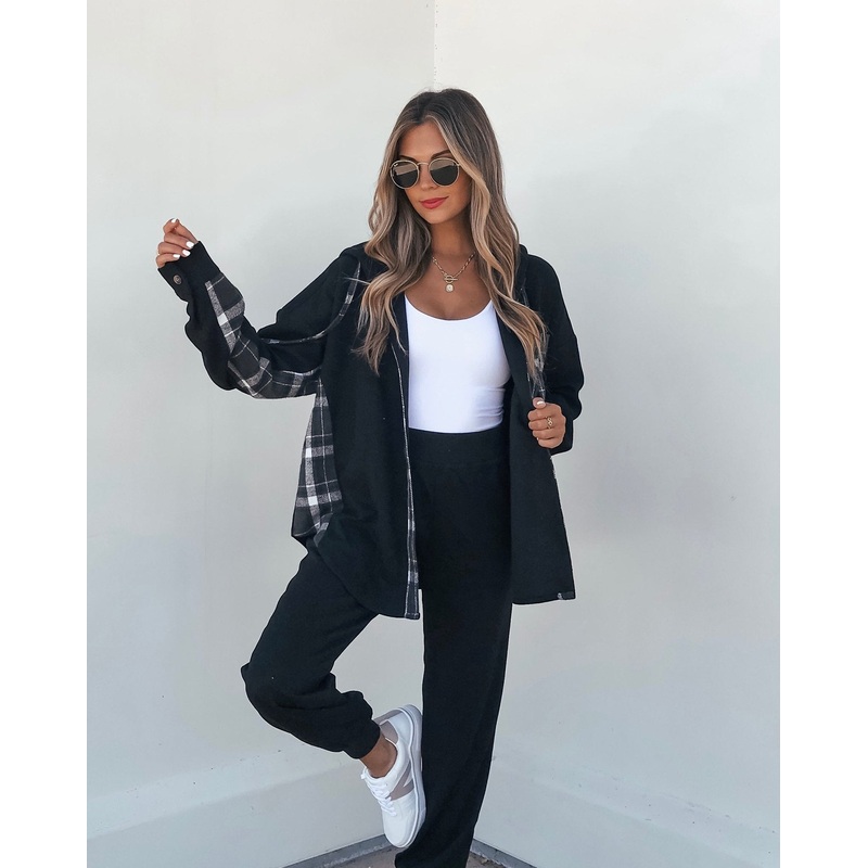 Black Plaid Flannel Hooded Shacket Small