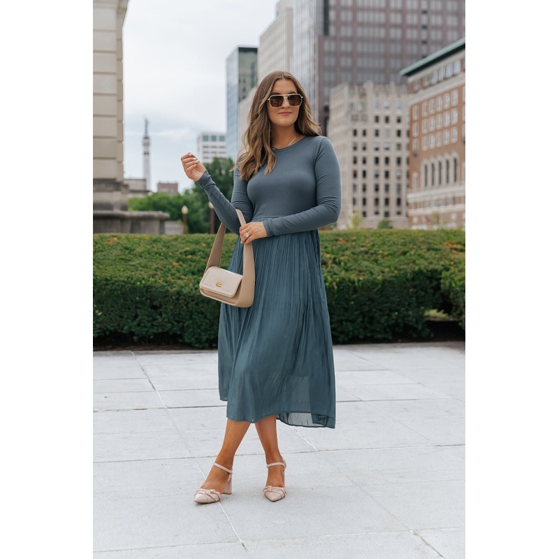 Dark Teal Contrast Pleated Midi Dress Small