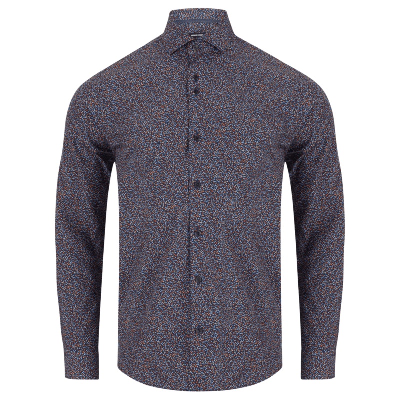 Remus Uomo Neat Leaf Print Long Sleeve Shirt Navy 15