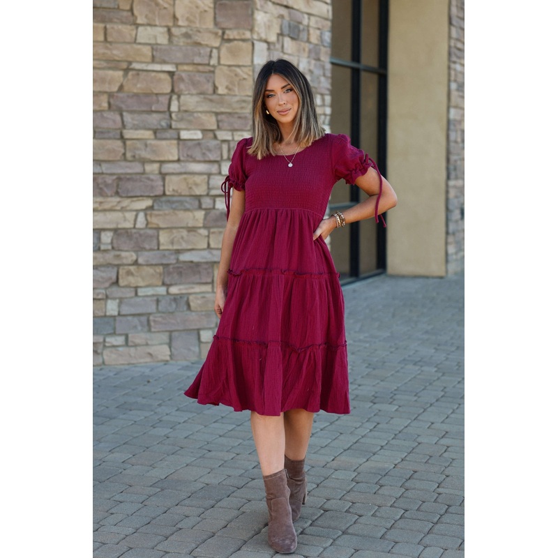 Wine Smock Tiered Midi Dress Extra Small