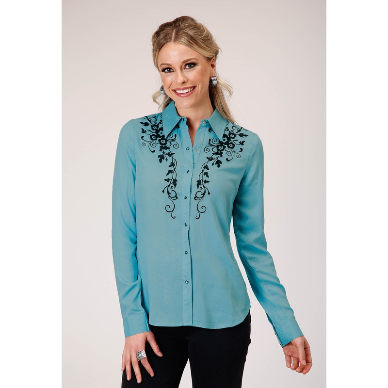 Womens Long Sleeve Button Rayon Challis Blousen Western Shirt With Embroidery On Front And Sleeves XS