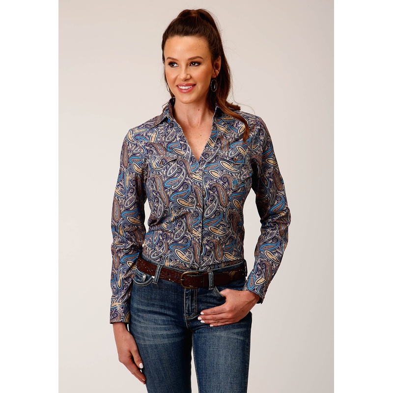 Womens Long Sleeve Button Royal Paisley Western Shirt XS