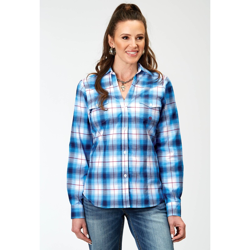 Womens Long Sleeve Button Stretch Poplin Blue Plaid Western Shirt XS