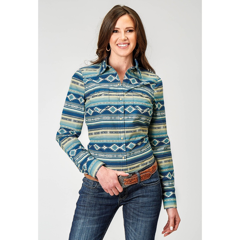 Womens Long Sleeve Snap Aztec Blanket Print Western Shirt XS