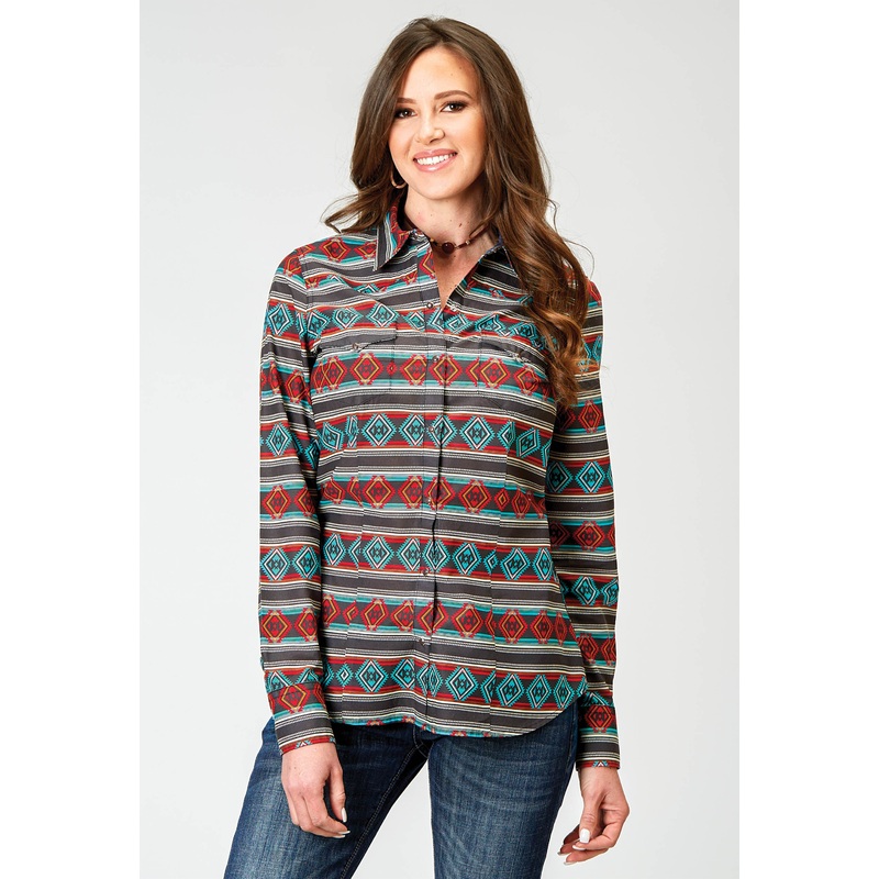 Womens Long Sleeve Snap Aztec Stripe Print Western Shirt XS