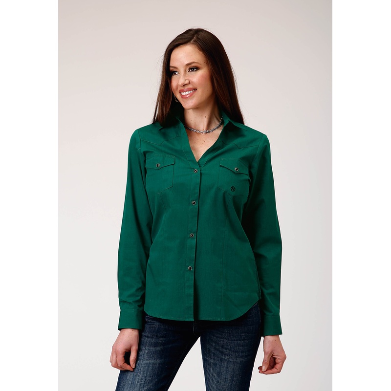 Womens Long Sleeve Snap Black Fill Solid Green Western Shirt XS