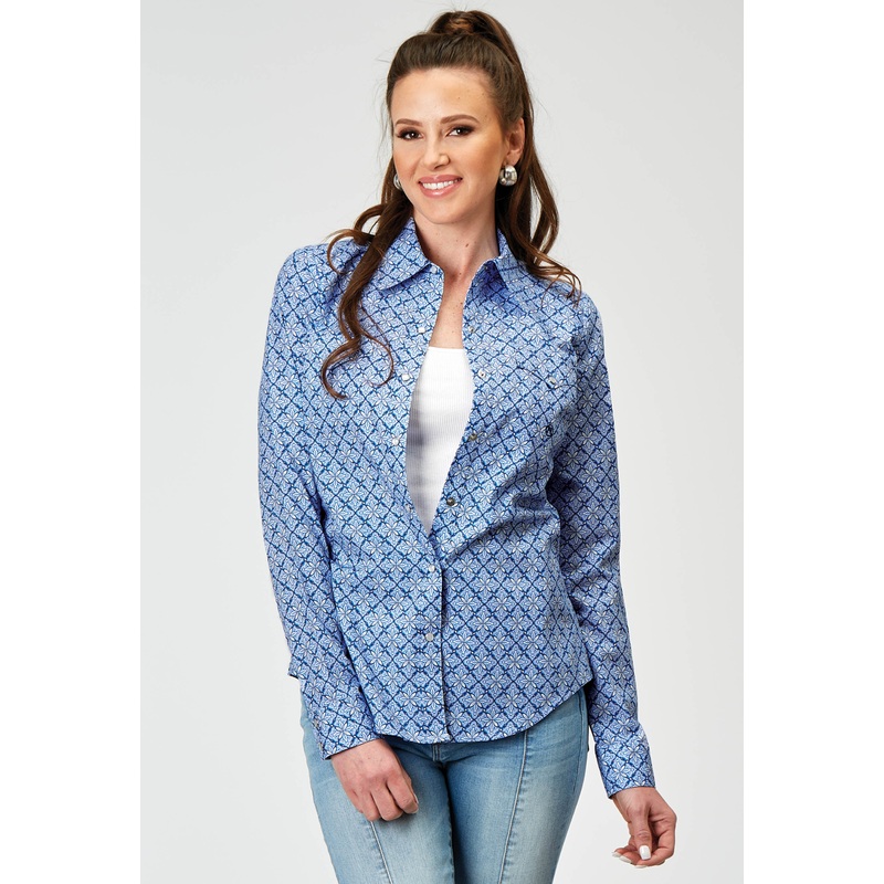 Womens Long Sleeve Snap Blue Skies Tie Print Western Shirt XS