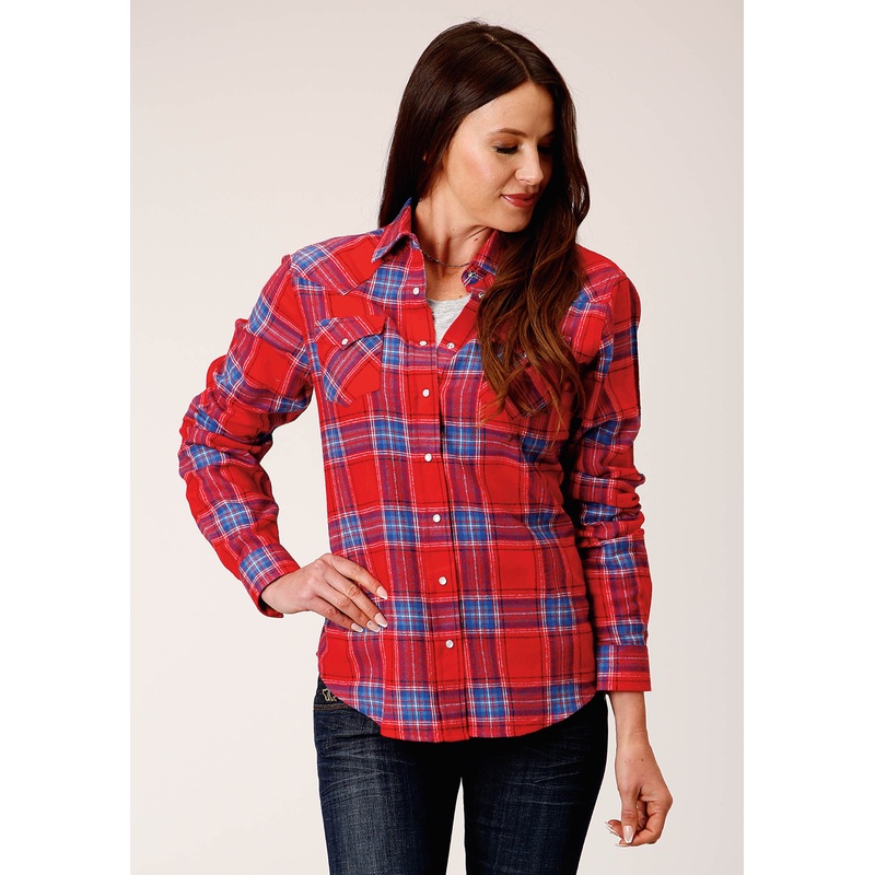 Womens Long Sleeve Snap Coral Blue White Plaid Unlined Flannel Shirt Western Shirt S