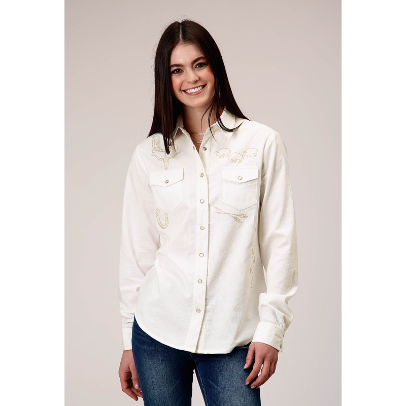 Womens Long Sleeve Snap Cream Corduroy Western Blouse With Embroidery Decoration XS