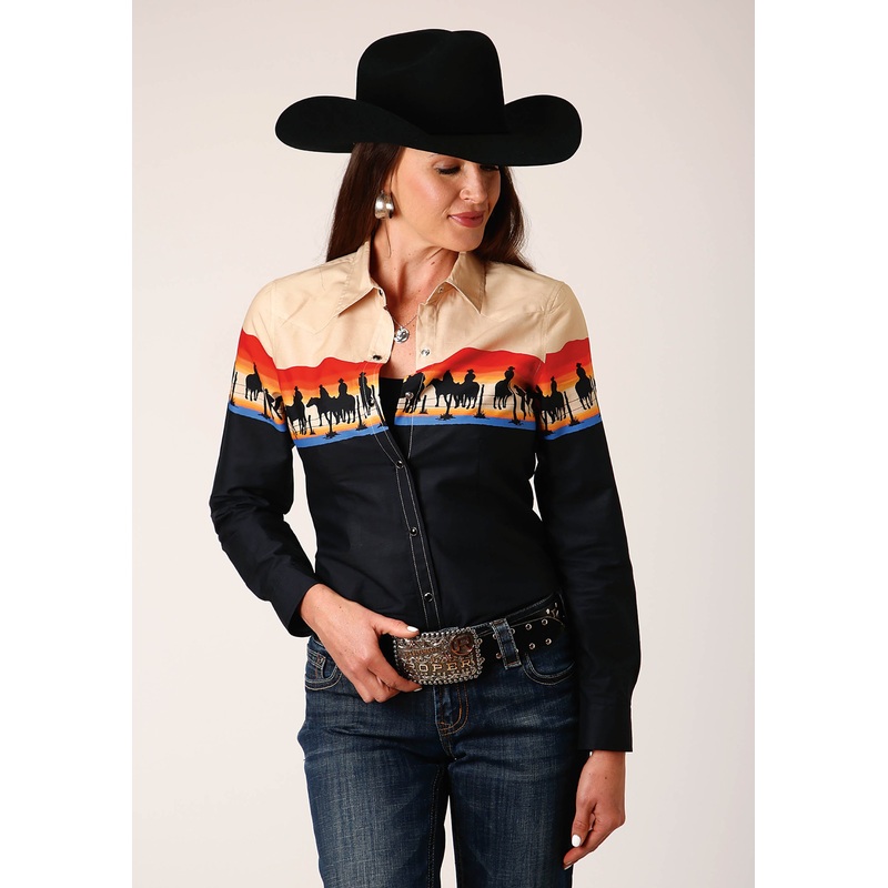 Womens Long Sleeve Snap Days End Scenic Border Western Shirt XS