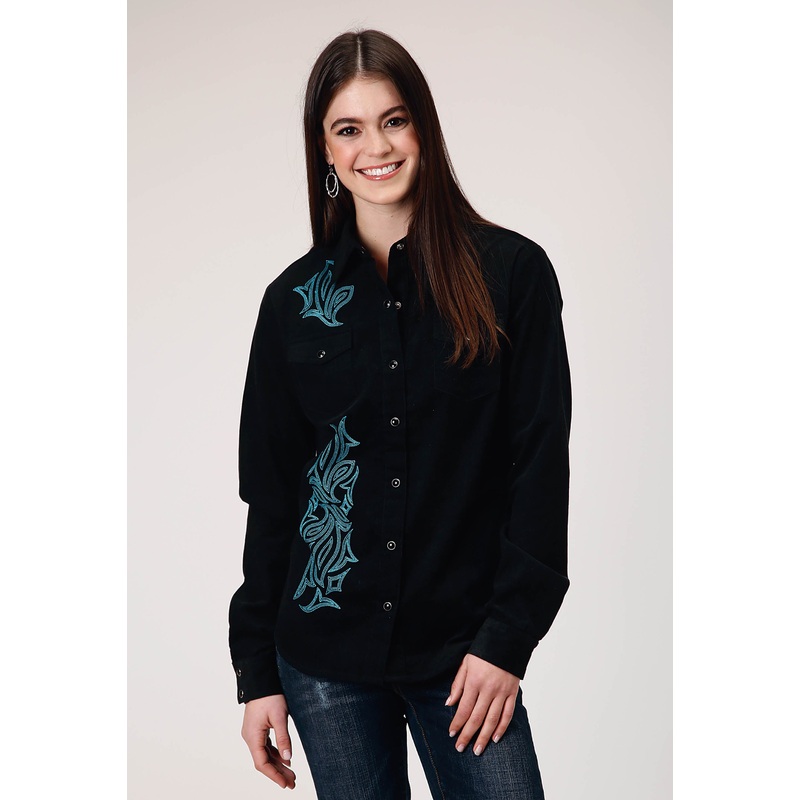 Womens Long Sleeve Snap Jet Black Corduroy Western Blouse With Embroidery Decoration XS