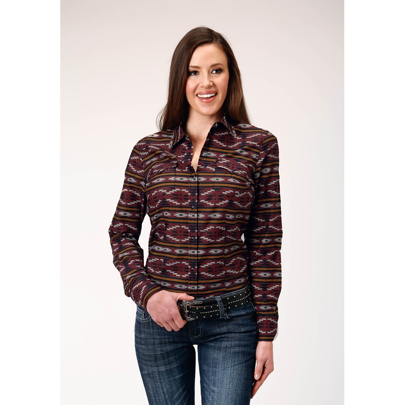 Womens Long Sleeve Snap Red Aztec Horizontal Stripe Western Shirt XS