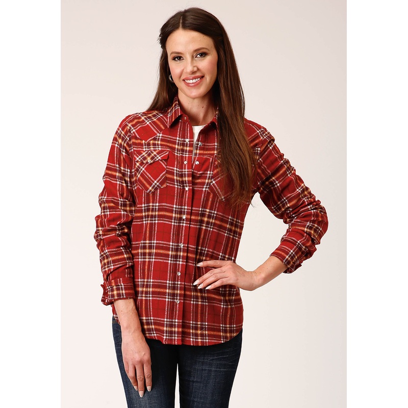 Womens Long Sleeve Snap Rust Wine Gold Plaid Unlined Flannel Shirt Western Shirt S