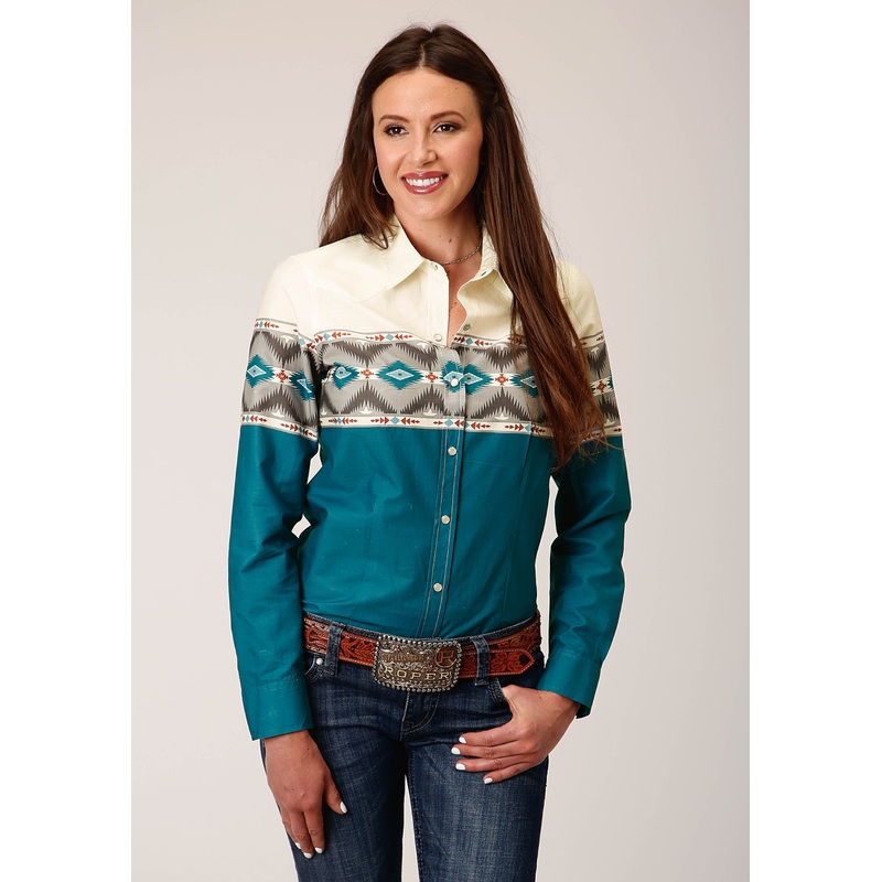 Womens Long Sleeve Snap Sawtooth Border Western Shirt XS