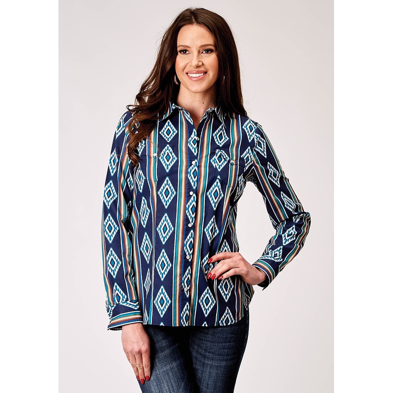 Womens Long Sleeve Snap Serape Stripe Print Western Shirt XS