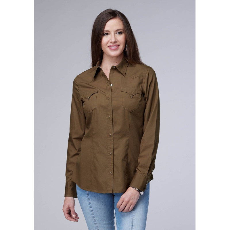 Womens Long Sleeve Snap Solid Poplin Cocoa Western Shirt XS