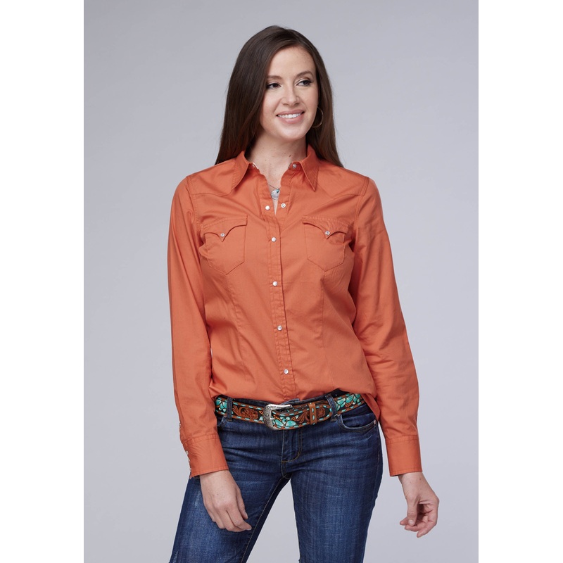 Womens Long Sleeve Snap Solid Poplin Tangerine Western Shirt XS