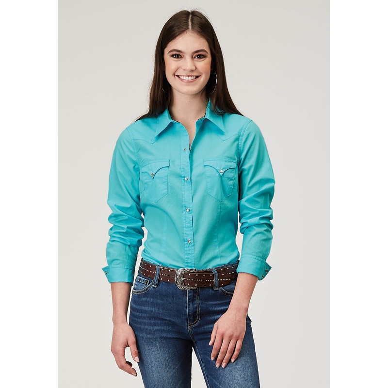 Womens Long Sleeve Snap Solid Poplin Turquoise Western Shirt XS