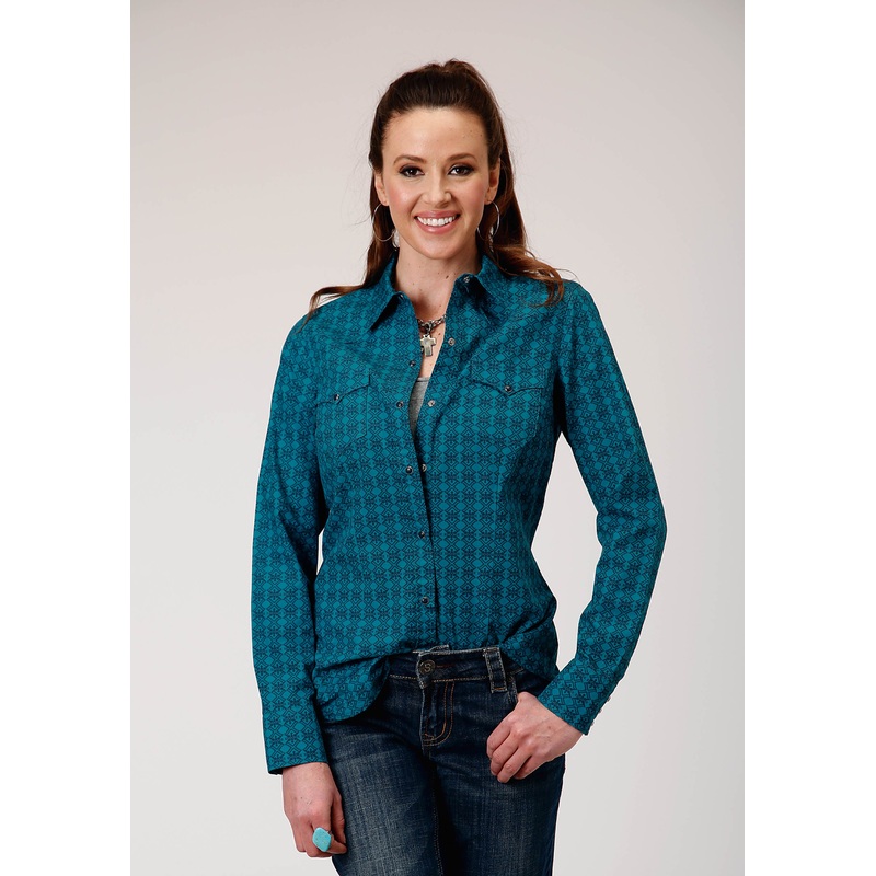 Womens Long Sleeve Snap Tiles Print Western Shirt XS