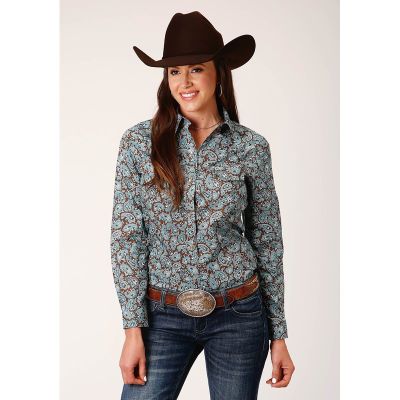 Womens Long Sleeve Snap Turquoise Mine Paisley Western Shirt XS