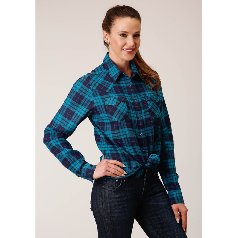 Womens Long Sleeve Snap Turquoise Navy Plaid Unlined Flannel Shirt Western Shirt S