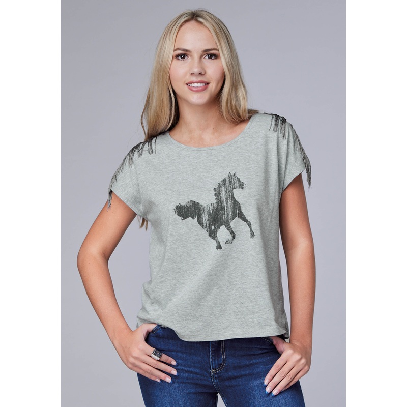 Womens Short Sleeve Cotton Poly Knit Jersey Tee With Crew Neck Fringe Screen Print Decoration XS