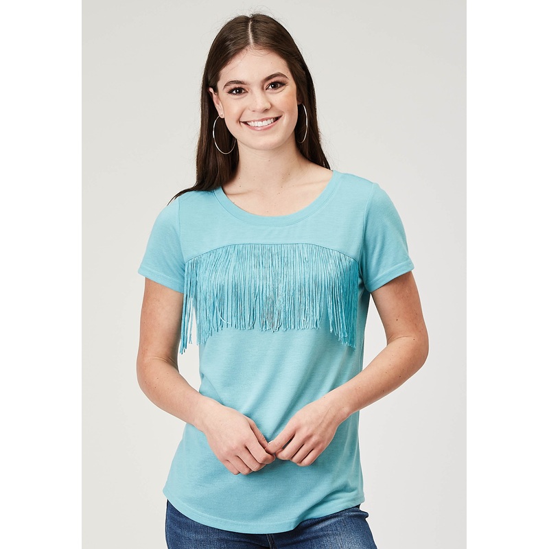 Womens Short Sleeve Light Blue Poly Rayon Tee With Front Yoke And Poly Fringe XS