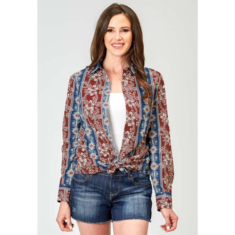 Womens Long Sleeve Button Vertical Tropical Aztec Western Shirt XS