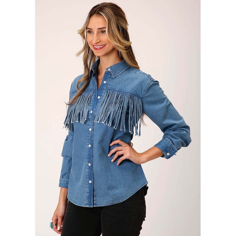 Womens Long Sleeve Medium Blue Denim Long Sleeve  Wstn Shirt Blouse XS