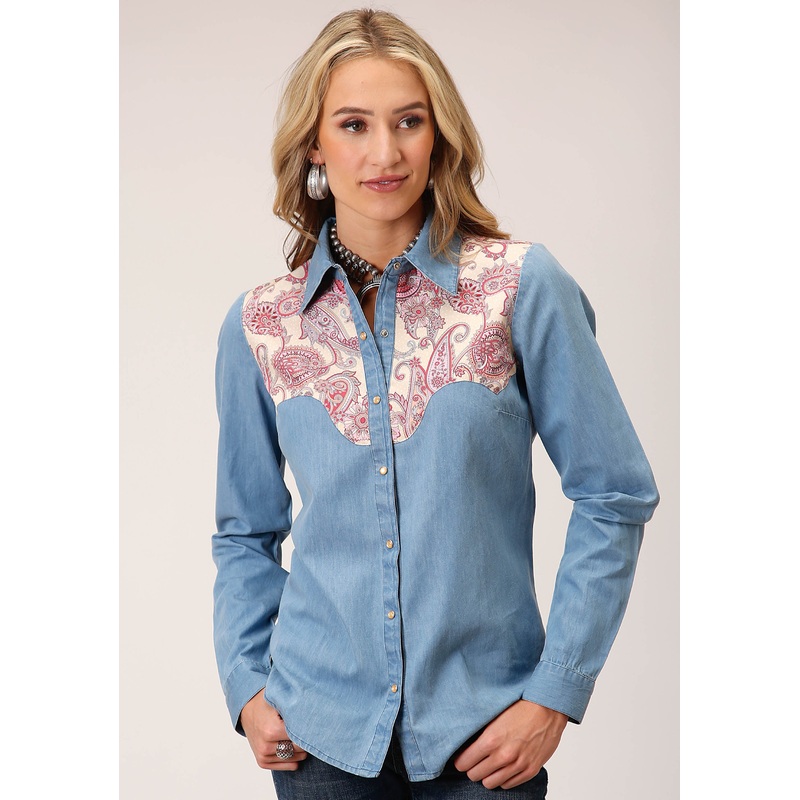 Womens Long Sleeve Snap Denim Retro Shirt Western Shirt XS