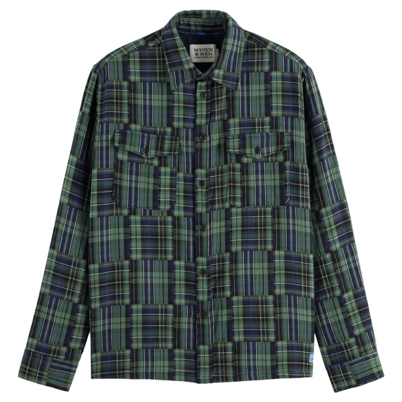 Scotch & Soda Relaxed Fit Patchwork Long Sleeve Shirt Navy Check Small