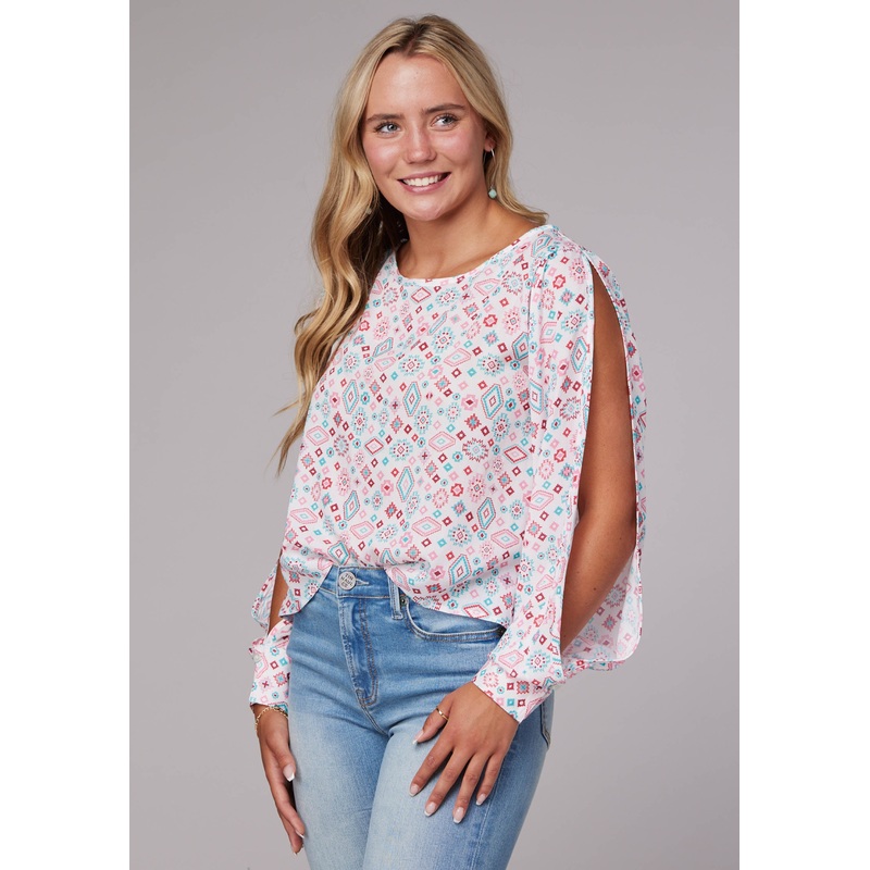 Womens Long Sleeve Pullover Scattered Aztec Print Rayon Western Blouse Wide Scoop Neck Open Sleeve Tie At Cuff XS