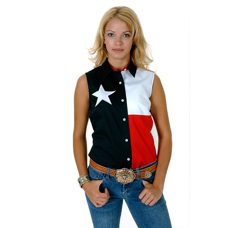 Womens Red White And Blue Pieced Texas Flag Sleeveless Western Snap Shirt XS