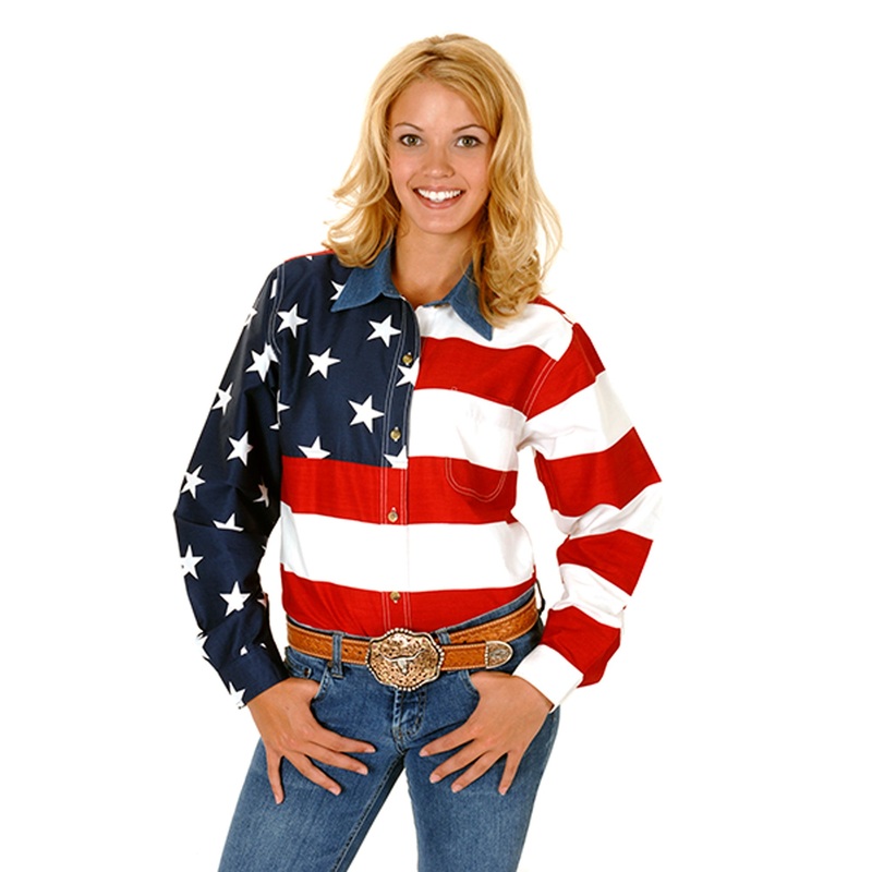 Womens Red White And Blue Stars And Stripes Pieced American Flag Long Sleeve Western Snap Shirt XS