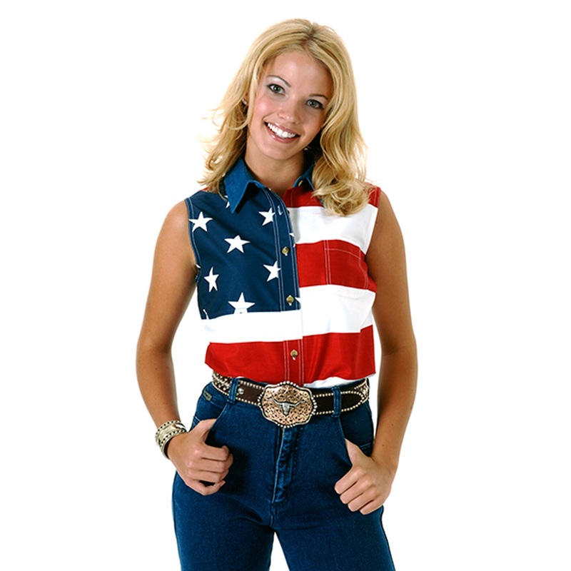 Womens Red White And Blue Stars And Stripes Pieced American Flag Long Sleeveless Western Snap Shirt XS