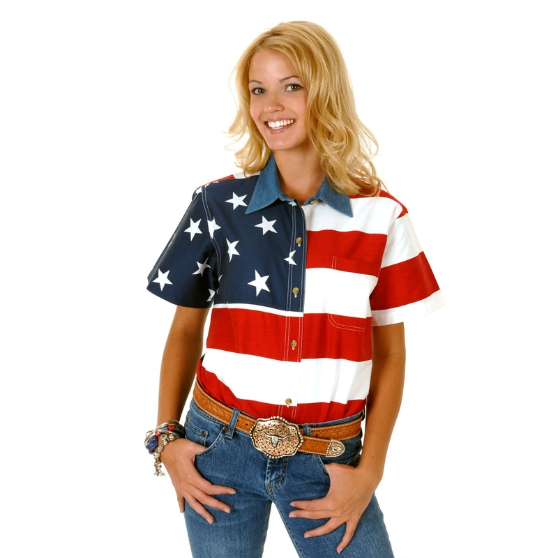 Womens Red White And Blue Stars And Stripes Pieced American Flag Short Sleeve Western Snap Shirt XS