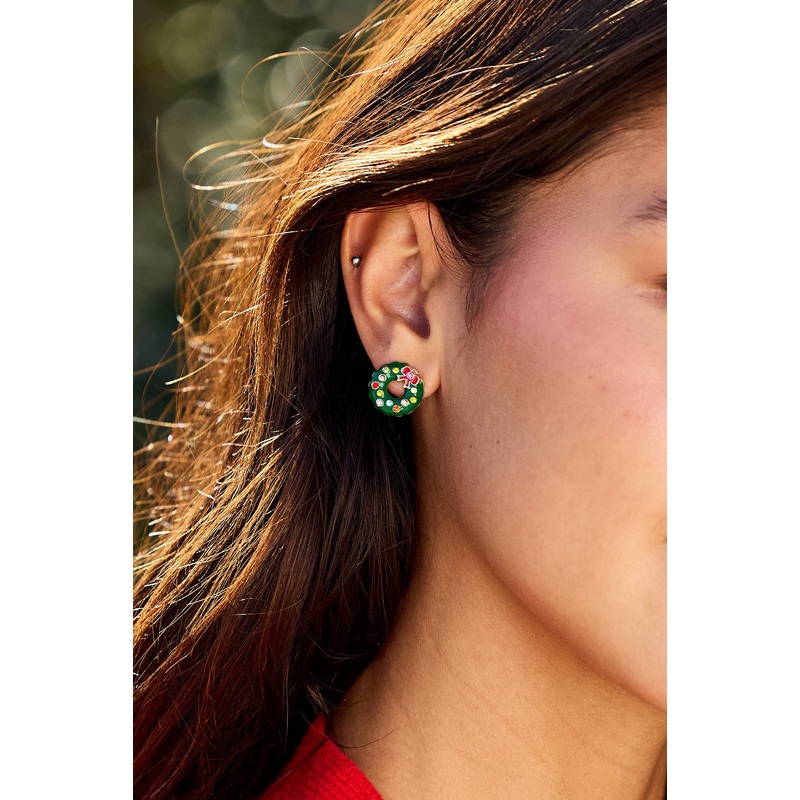 Green Holiday Wreath Stud Earrings