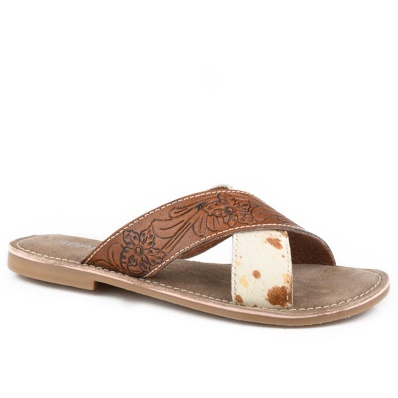 Womens Brown Tooled Cross Band Sandal 5 R