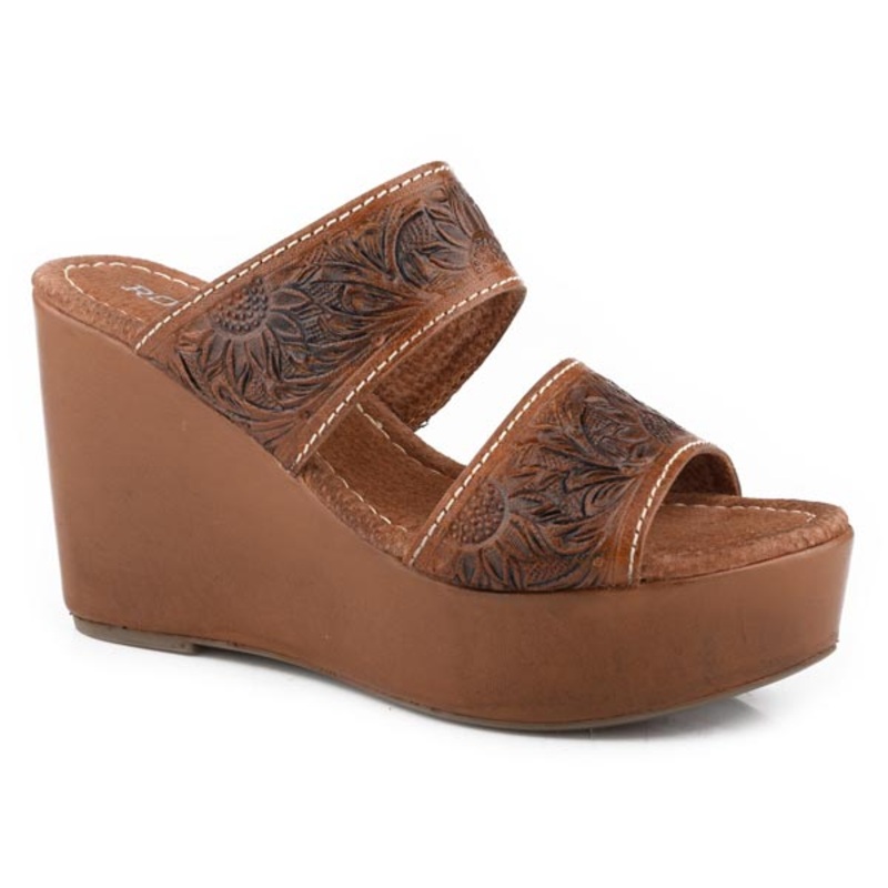 Womens Cognac Tooled Two Band Sandal 5 R
