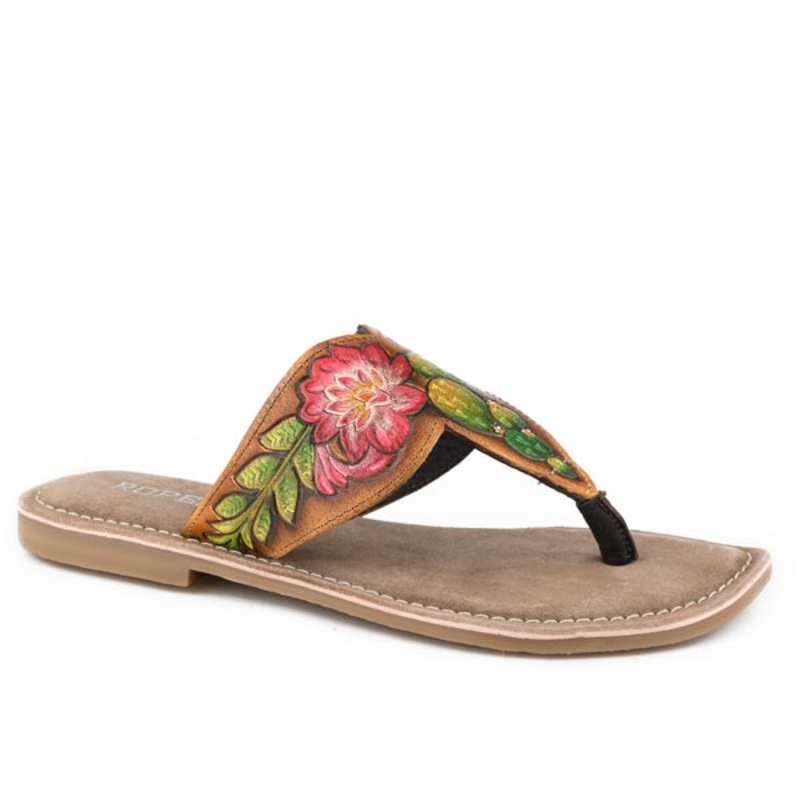 Womens Tan Cactus Painted Tooled Sandal 5 R